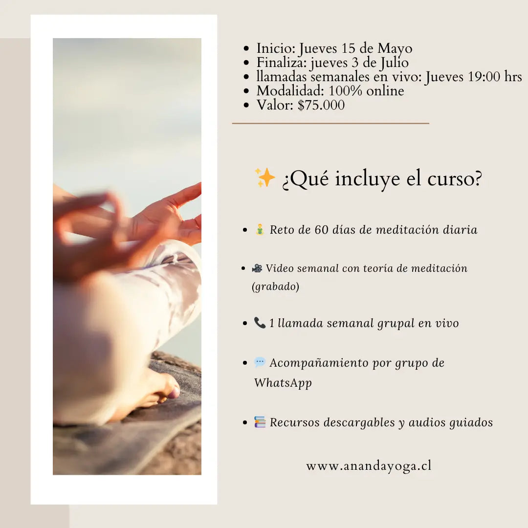 Detalles del curso de meditación online: fechas, modalidad, valor y lo que incluye como videos, llamadas en vivo y grupo de WhatsApp.